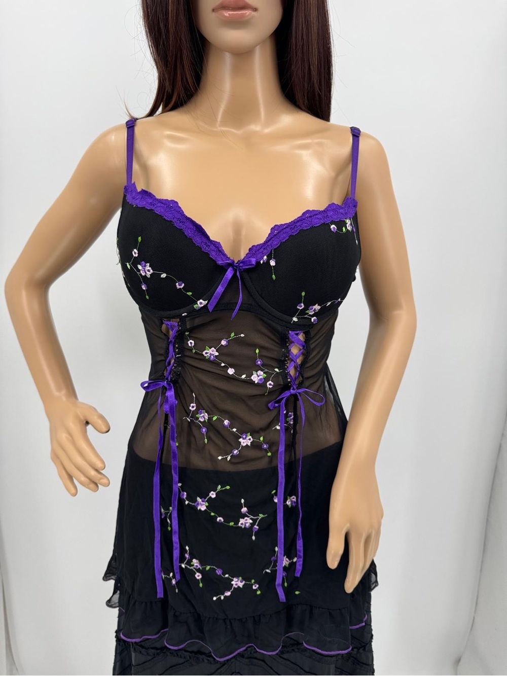 Vintage Y2K Coquette Romantic Embroidered Lace Up Corset Satin Babydoll Chemise